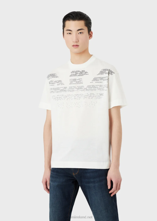 Men 086V1604 Mercerised Jersey T-Shirt With Rubberised Lettering Pattern Oversized Eagle Armani White