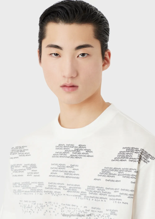 Men 086V1604 Mercerised Jersey T-Shirt With Rubberised Lettering Pattern Oversized Eagle Armani White