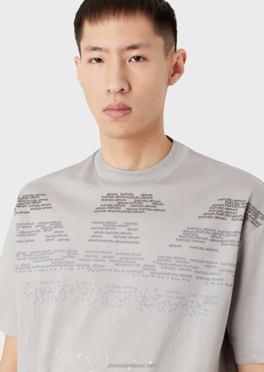 Men 086V1605 Mercerised Jersey T-Shirt With Rubberised Lettering Pattern Oversized Eagle Armani Gray