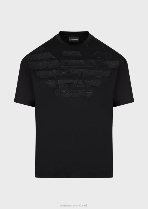 Men 086V1607 Tencel-Blend Jersey T-Shirt With Oversized Embroidered Logo Armani Black Logo