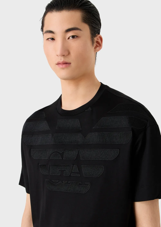 Men 086V1607 Tencel-Blend Jersey T-Shirt With Oversized Embroidered Logo Armani Black Logo