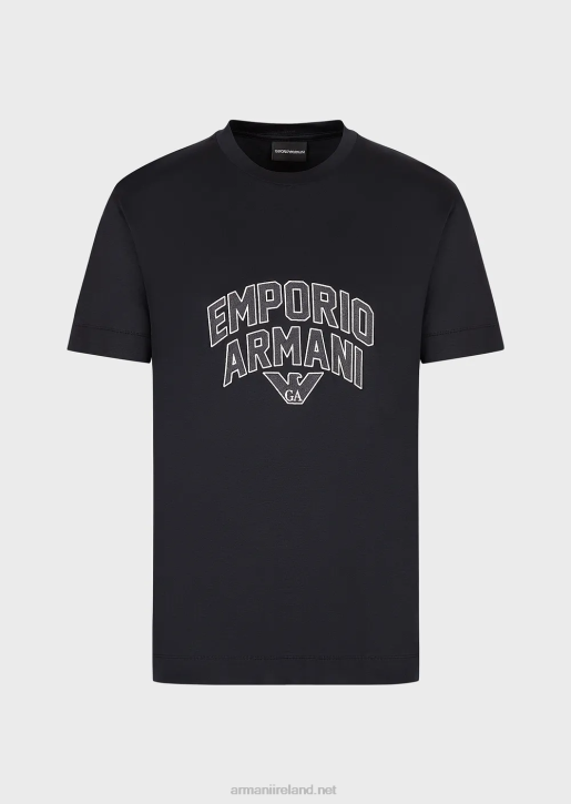 Men 086V1611 Tencel-Blend Jersey T-Shirt With Bold Logo Embroidery Armani Navy Blue