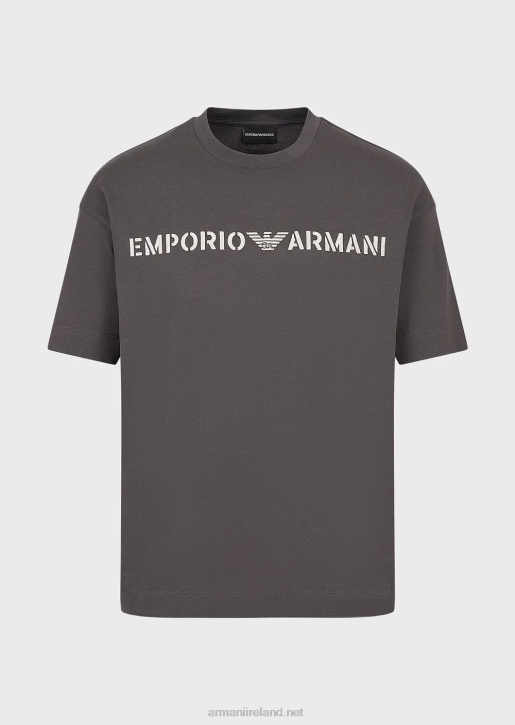 Men 086V1623 Heavy Jersey T-Shirt With Emporio Armani Embroidery In A Military FontDark Gray