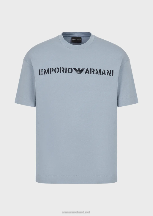 Men 086V1624 Heavy Jersey T-Shirt With Emporio Armani Embroidery In A Military FontAzure