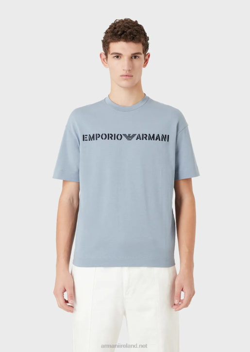 Men 086V1624 Heavy Jersey T-Shirt With Emporio Armani Embroidery In A Military FontAzure