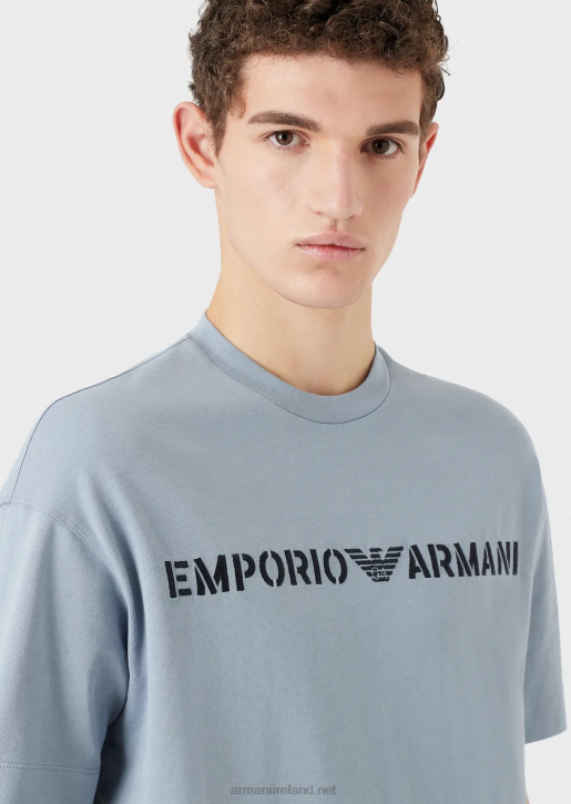 Men 086V1624 Heavy Jersey T-Shirt With Emporio Armani Embroidery In A Military FontAzure