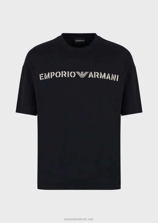 Men 086V1626 Heavy Jersey T-Shirt With Emporio Armani Embroidery In A Military FontNavy Blue