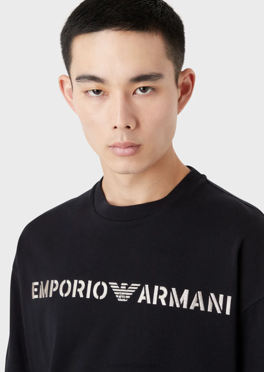 Men 086V1626 Heavy Jersey T-Shirt With Emporio Armani Embroidery In A Military FontNavy Blue