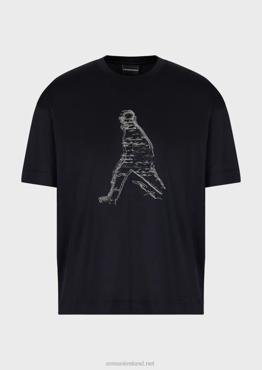 Men 086V1628 Tencel-Blend Jersey T-Shirt With Silhouette Embroidery And Signature Pattern Armani Navy Blue