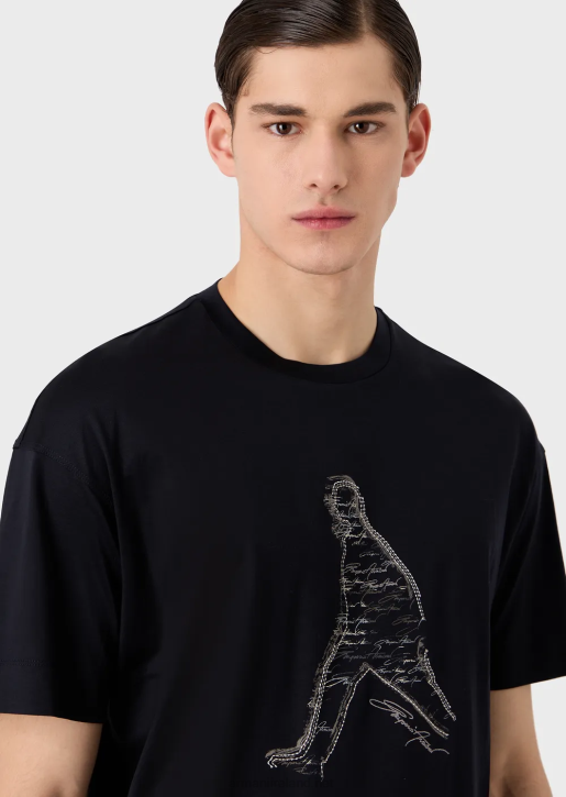 Men 086V1628 Tencel-Blend Jersey T-Shirt With Silhouette Embroidery And Signature Pattern Armani Navy Blue