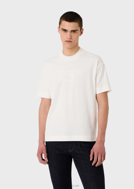 Men 086V1635 Heavy Jersey T-Shirt With Oversized Embossed Logo Trim Armani White