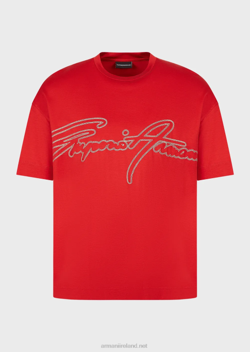 Men 086V1651 Tencel-Blend Jersey T-Shirt With Topstitched Signature Logo Embroidery Armani Red