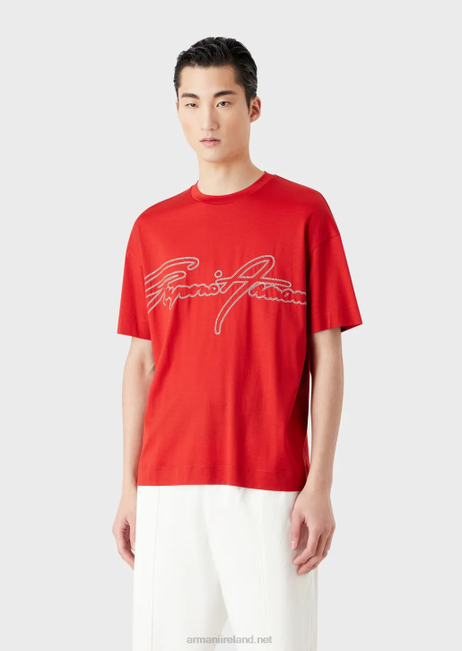 Men 086V1651 Tencel-Blend Jersey T-Shirt With Topstitched Signature Logo Embroidery Armani Red