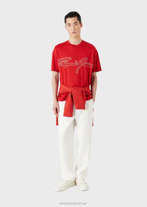 Men 086V1651 Tencel-Blend Jersey T-Shirt With Topstitched Signature Logo Embroidery Armani Red