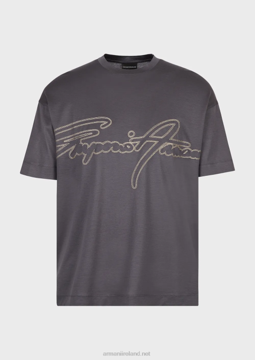 Men 086V1652 Tencel-Blend Jersey T-Shirt With Topstitched Signature Logo Embroidery Armani Dark Gray