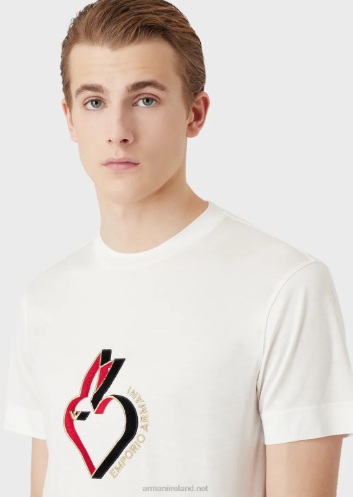 Men 086V1656 Tencel-Blend Jersey T-Shirt With Rabbit Embroidery Armani White