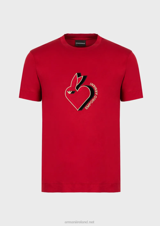 Men 086V1657 Tencel-Blend Jersey T-Shirt With Rabbit Embroidery Armani Red