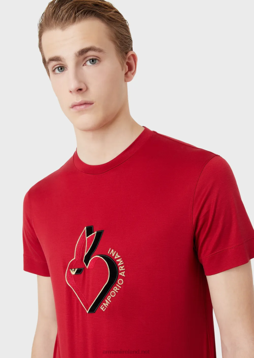 Men 086V1657 Tencel-Blend Jersey T-Shirt With Rabbit Embroidery Armani Red