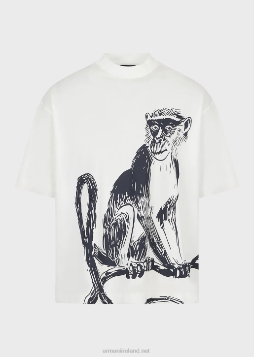 Men 086V1660 Loose-Fit T-Shirt In A Tencel-Blend Jersey With A Macaque Print Armani White