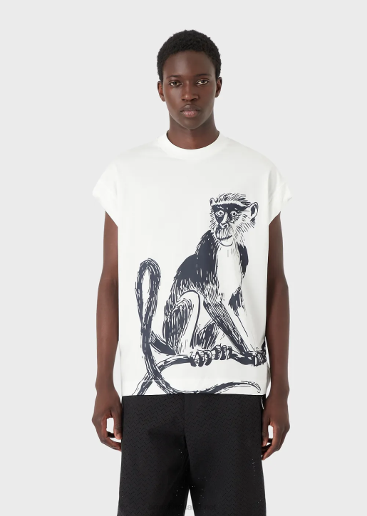 Men 086V1660 Loose-Fit T-Shirt In A Tencel-Blend Jersey With A Macaque Print Armani White