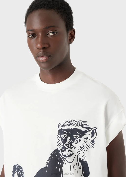 Men 086V1660 Loose-Fit T-Shirt In A Tencel-Blend Jersey With A Macaque Print Armani White