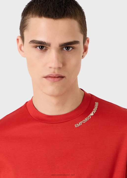 Men 086V1668 Tencel-Blend Jersey T-Shirt With Logo Embroidery On The Neckline Armani Red