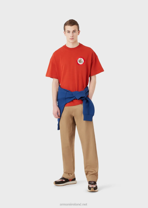 Men 086V1682 Sustainable Collection Organic American Jersey T-Shirt With Patch Armani Red