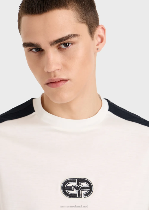 Men 086V1686 Tencel-Blend Jersey T-Shirt With Ea Patch And Stripes Armani Milky White