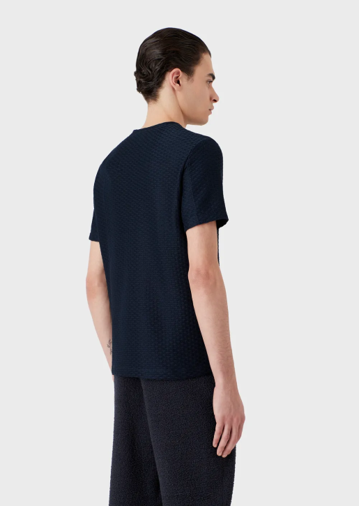 Men 086V1689 Short-Sleeved Jumper In Embossed Jacquard Jersey Armani Navy Blue
