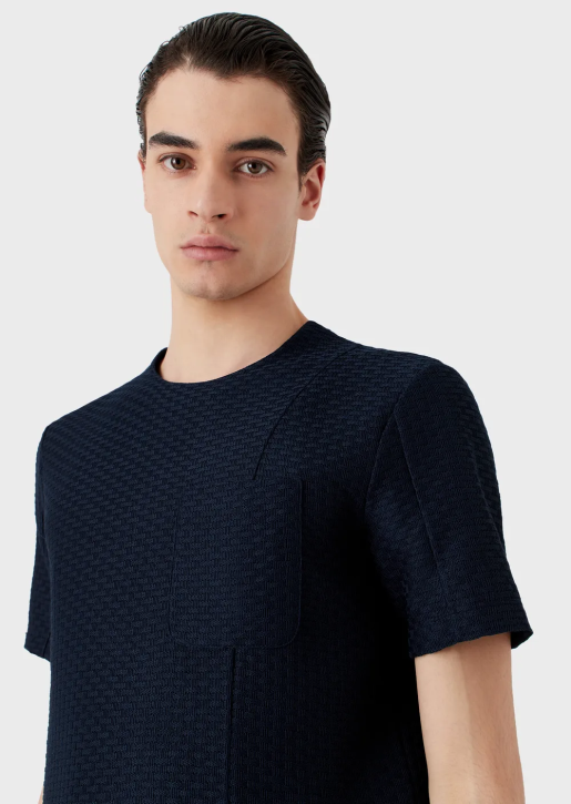 Men 086V1689 Short-Sleeved Jumper In Embossed Jacquard Jersey Armani Navy Blue