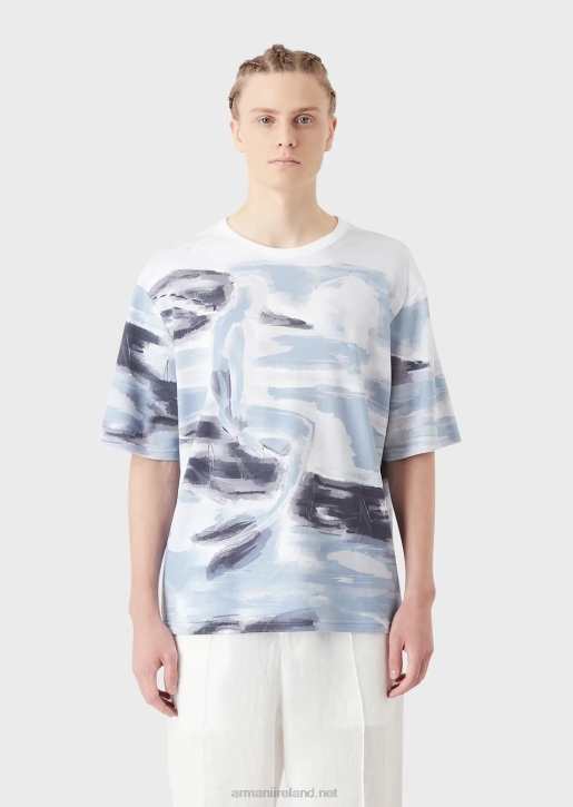 Men 086V1697 Cotton Interlock T-Shirt With Merman Watercolour Print And Embroidered Logo Armani Pattern