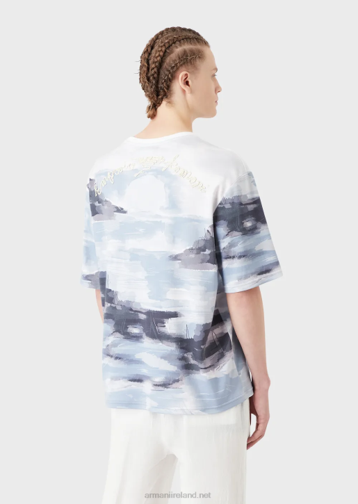 Men 086V1697 Cotton Interlock T-Shirt With Merman Watercolour Print And Embroidered Logo Armani Pattern