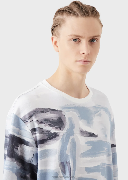 Men 086V1697 Cotton Interlock T-Shirt With Merman Watercolour Print And Embroidered Logo Armani Pattern