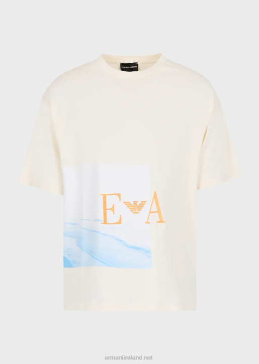 Men 086V1700 T-Shirt In Heavy Jersey With Beach Print And Ea Embroidery Armani White
