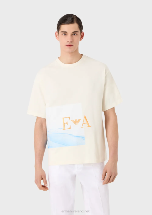 Men 086V1700 T-Shirt In Heavy Jersey With Beach Print And Ea Embroidery Armani White