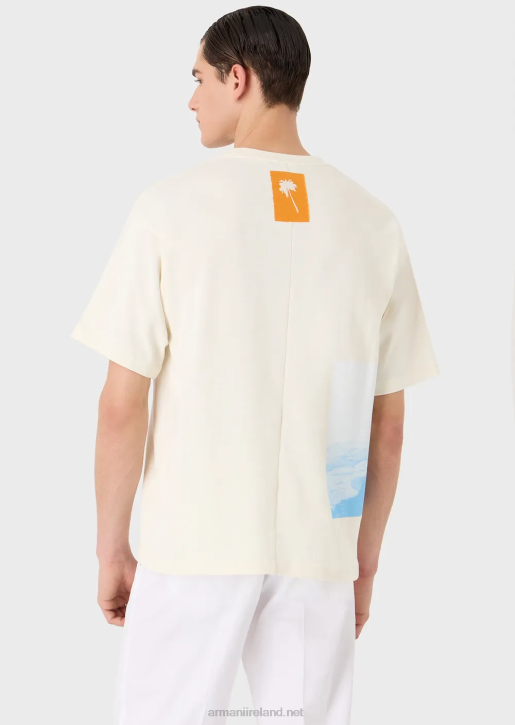 Men 086V1700 T-Shirt In Heavy Jersey With Beach Print And Ea Embroidery Armani White