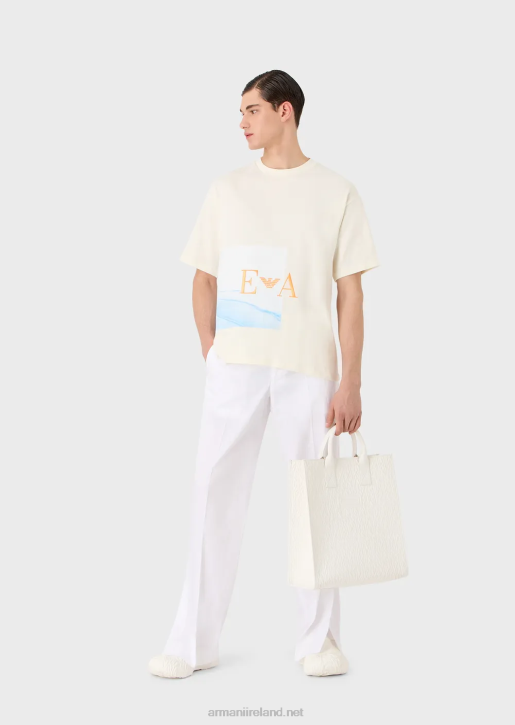 Men 086V1700 T-Shirt In Heavy Jersey With Beach Print And Ea Embroidery Armani White