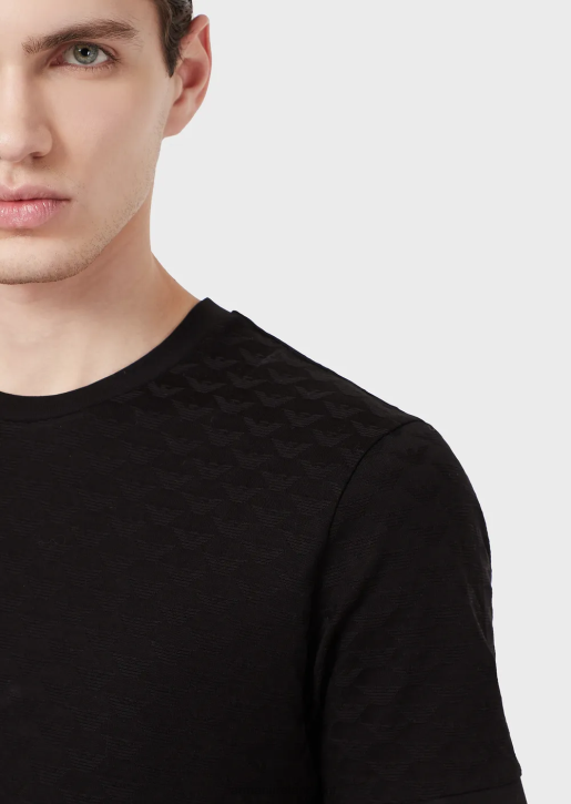 Men 086V1741 Mercersied Jersey T-Shirt With All-Over Jacquard Eagle Armani Black
