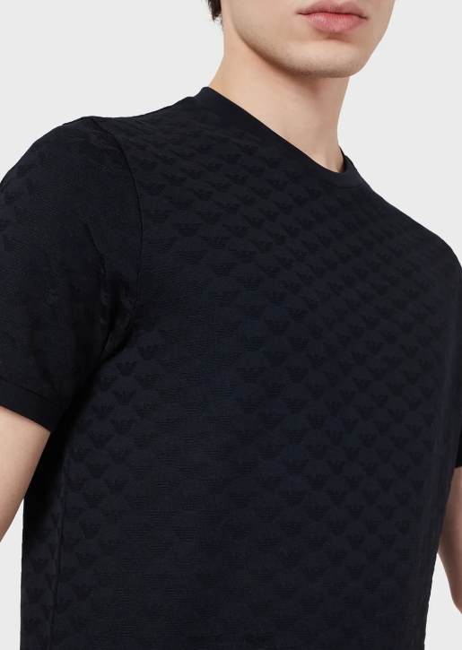 Men 086V1742 Mercersied Jersey T-Shirt With All-Over Jacquard Eagle Armani Navy Blue