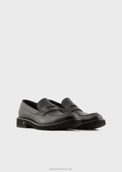 Men 086V1847 Leather Loafers With Woven Print Detail Armani Black