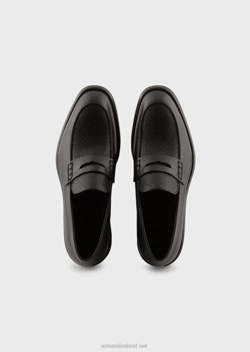 Men 086V1847 Leather Loafers With Woven Print Detail Armani Black