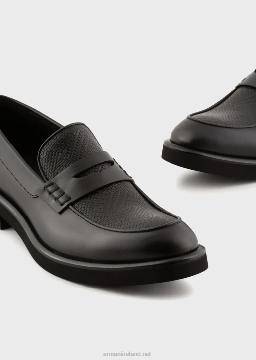 Men 086V1847 Leather Loafers With Woven Print Detail Armani Black