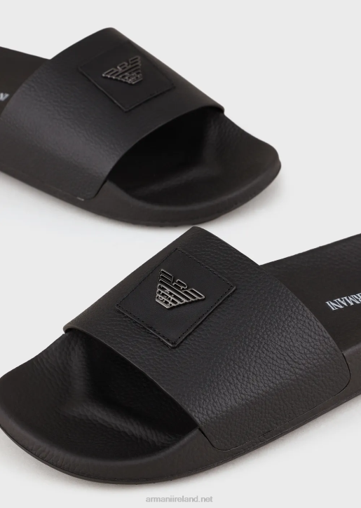 Men 086V1010 Tumbled-Leather Sliders With Logo Patch Armani Black