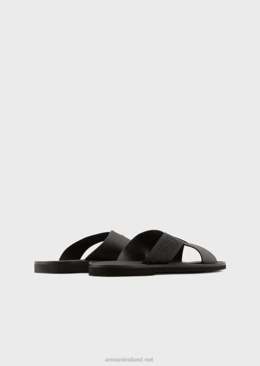 Men 086V1854 Leather Cross-Over Sandals With Logo Tape Armani Black