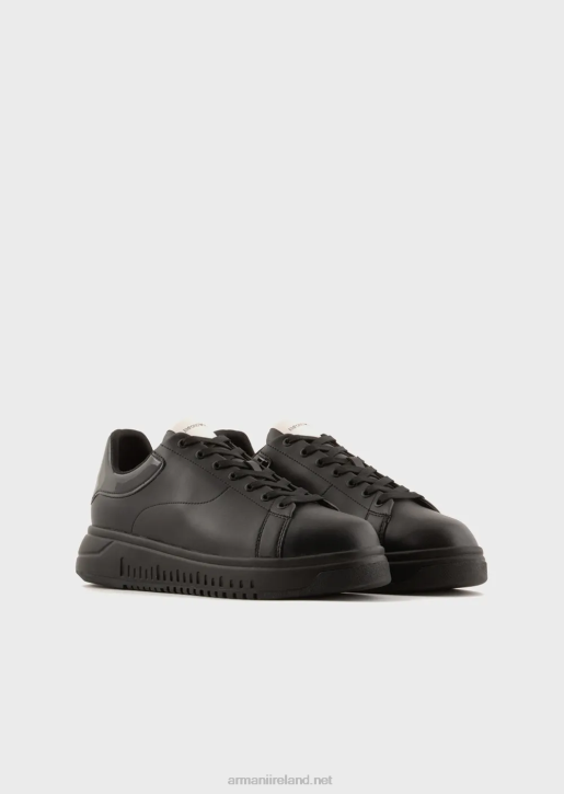 Men 086V1861 Soft Leather Sneakers With Shiny Back Armani Black