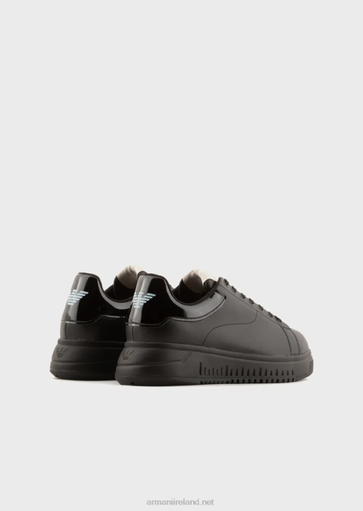 Men 086V1861 Soft Leather Sneakers With Shiny Back Armani Black