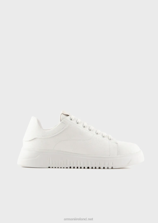 Men 086V1865 Leather Sneakers With Moss-Stitch All-Over Eagle Armani White