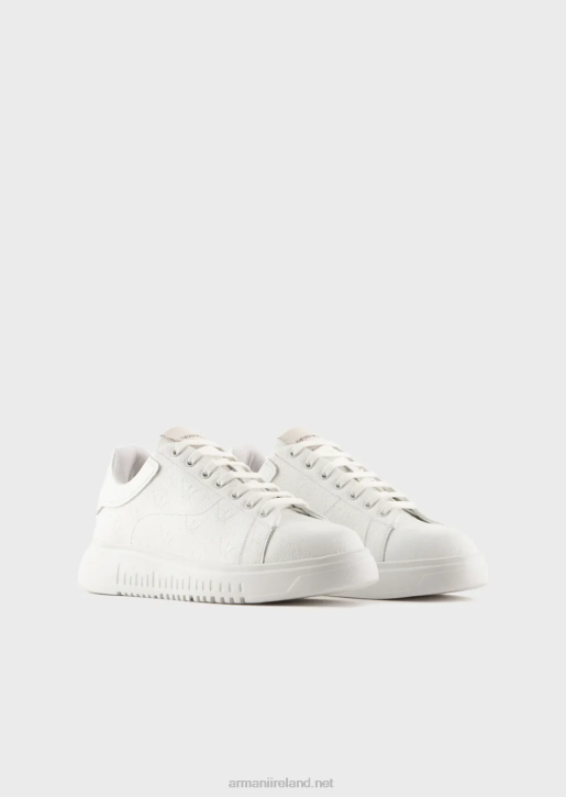 Men 086V1865 Leather Sneakers With Moss-Stitch All-Over Eagle Armani White