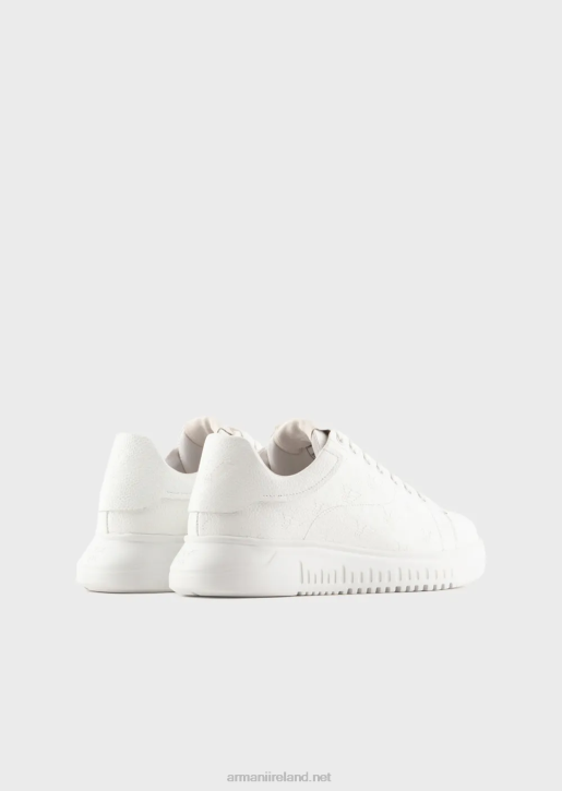 Men 086V1865 Leather Sneakers With Moss-Stitch All-Over Eagle Armani White