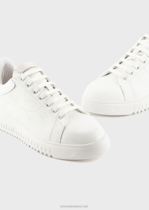 Men 086V1865 Leather Sneakers With Moss-Stitch All-Over Eagle Armani White